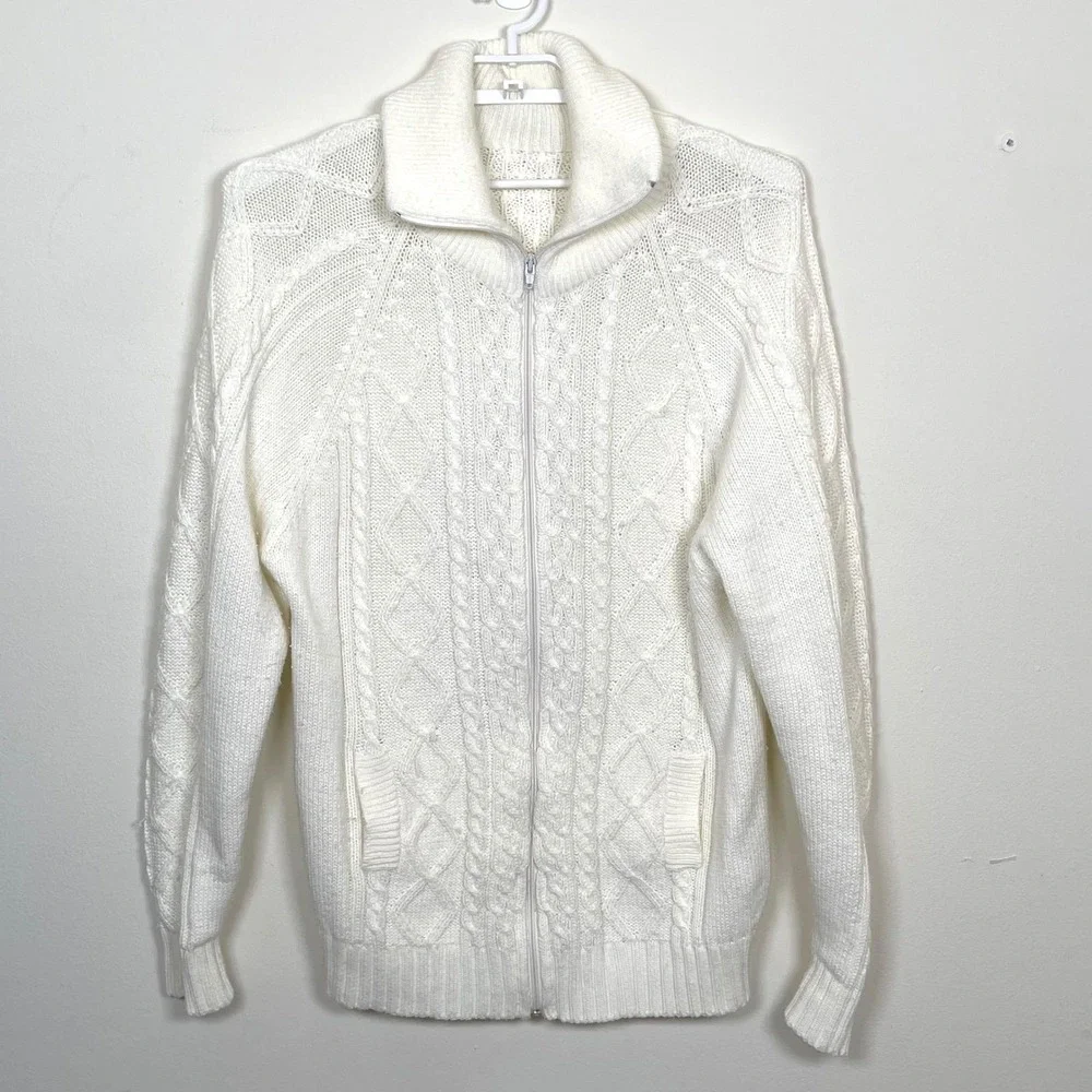 Vintage Cable Knit Full Zip Cardigan Sweater Mens L White Fisherman Mock Neck